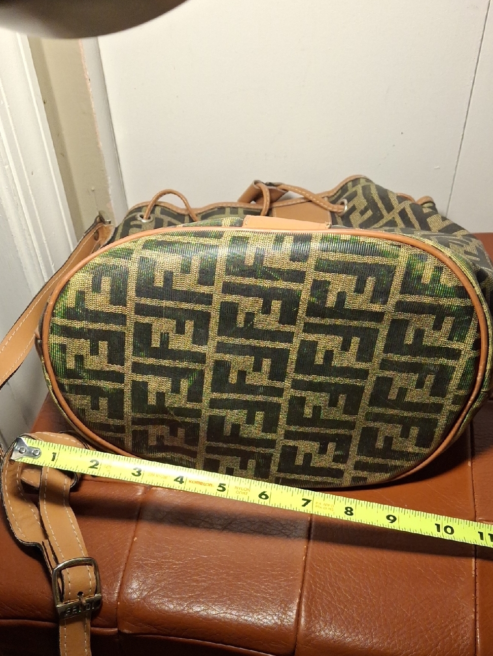 Fendi Leather-Trim Monogram Bucket Shoulder Bag in Tan and Black - Picture 11 of 12